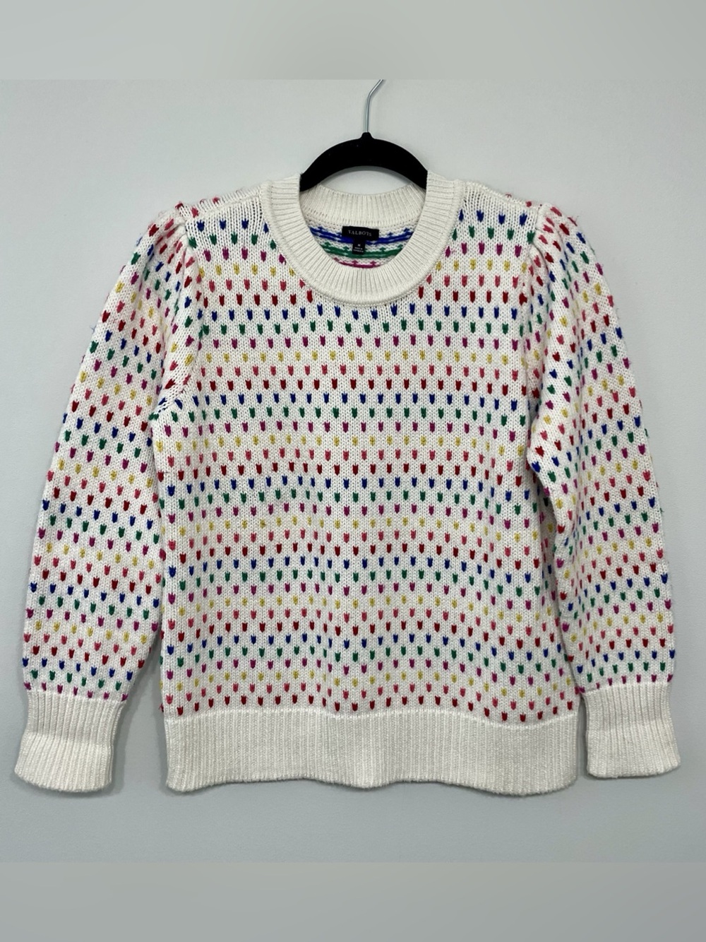 Talbots Puff Sleeve Crewneck Pullover Ivory Rainbow Speckled Dots M